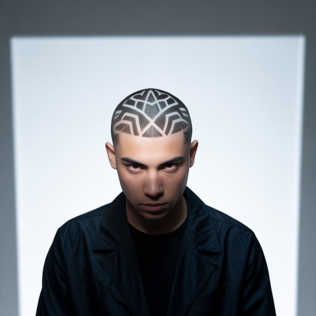 Geometric artistic buzz cut design - intricate mandala pattern haircut
